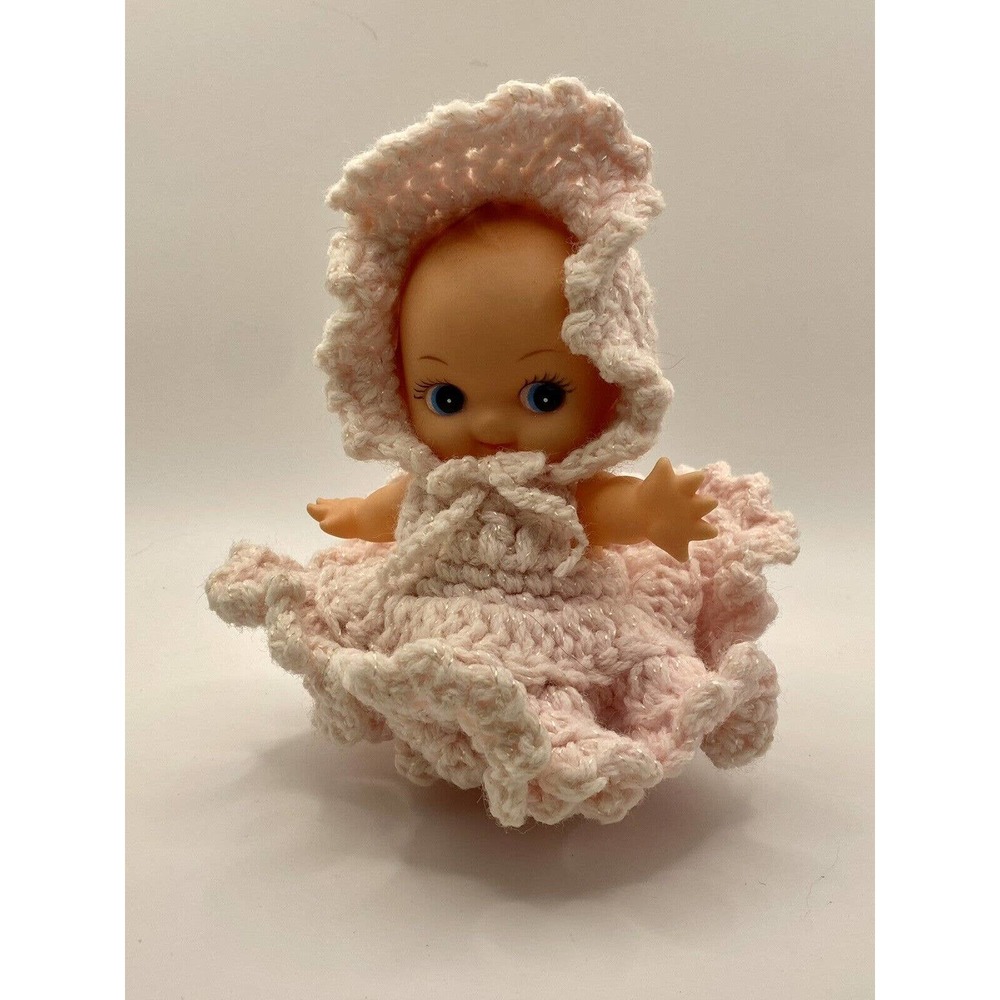 VINTAGE Mid Century Japan Kewpie Baby Doll Posable Pink Knitted Dress